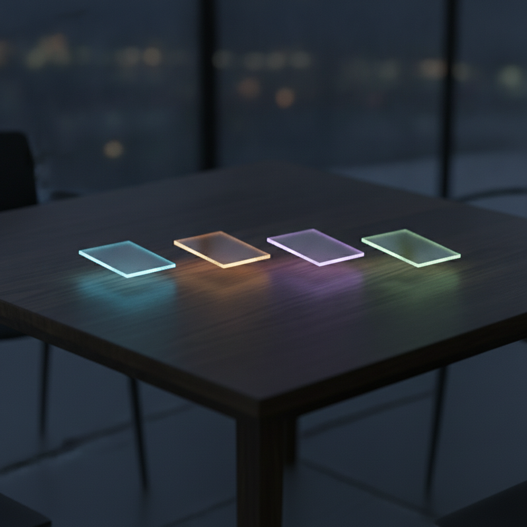Four glowing glass cards on a dark table, with a city outside the window.