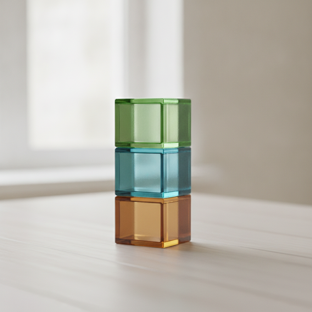 Three glass blocks stacked by a window: green, cyan, and amber.