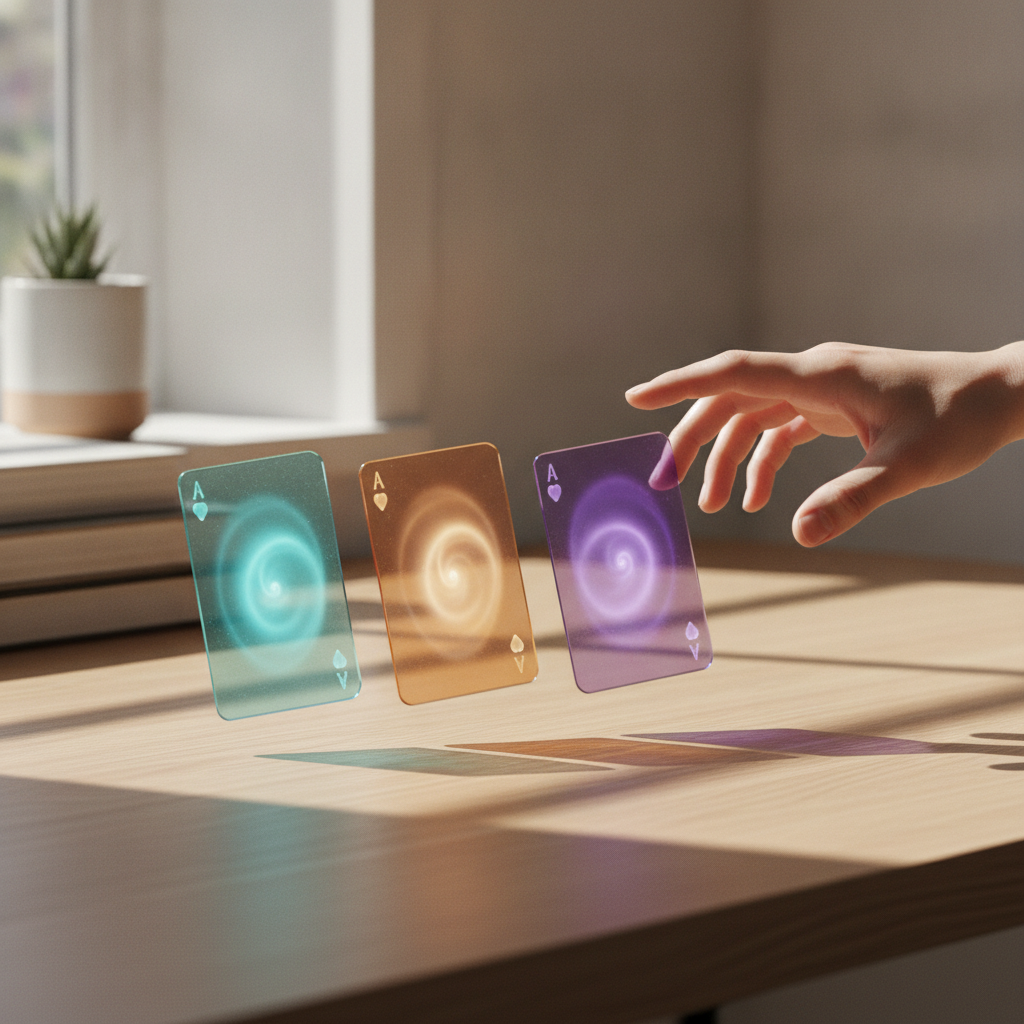 A hand choosing among three glowing cards on a sunlit desk.