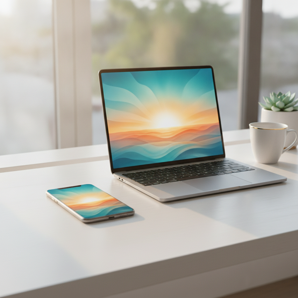A laptop and a phone sharing one bright picture on a white desk.