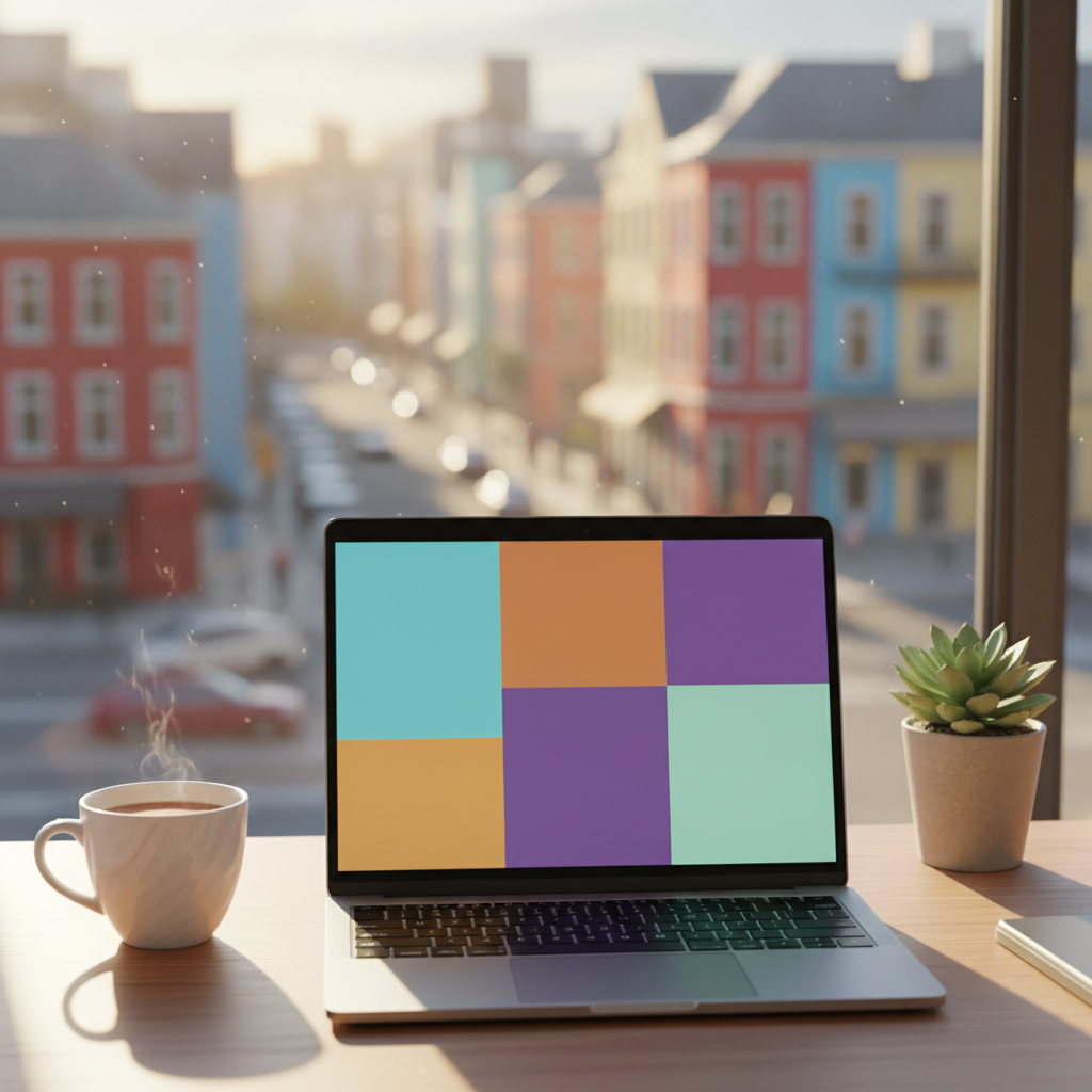 A laptop in warm window light, its screen a grid of colour.