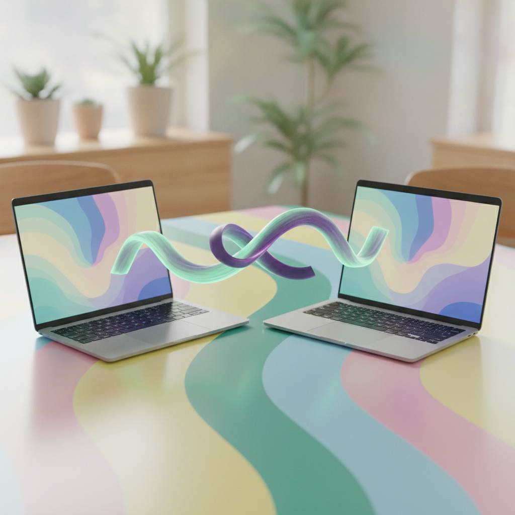 Two laptops joined by a ribbon of light on a colourful table.