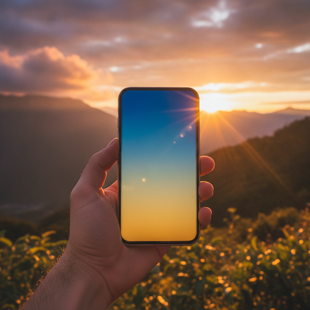 A hand holding a phone against a sunset over green hills.