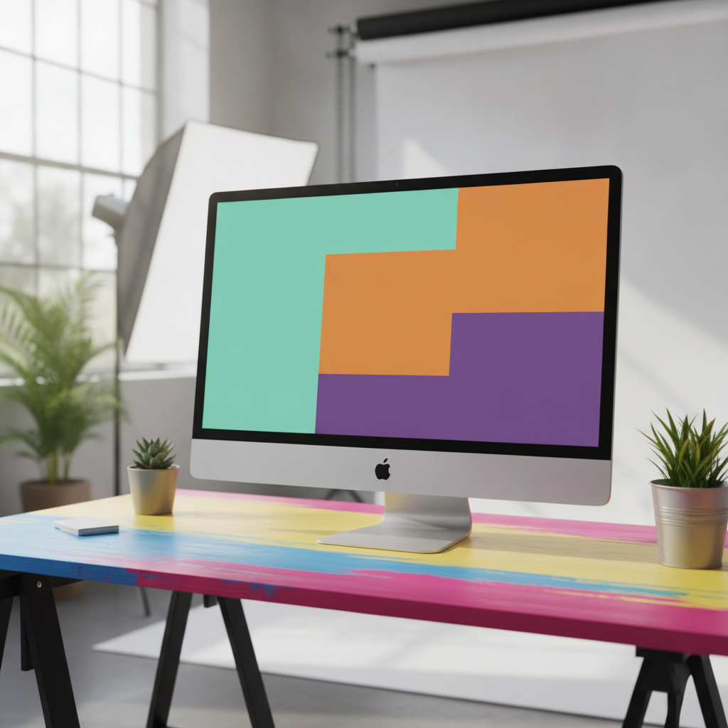A studio monitor on a painted desk, the screen divided into mint, amber and violet blocks.