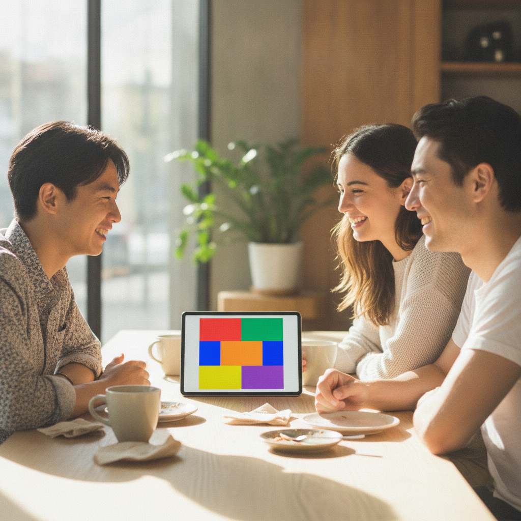 Three people at a bright table, a tablet between them showing a grid of colour.