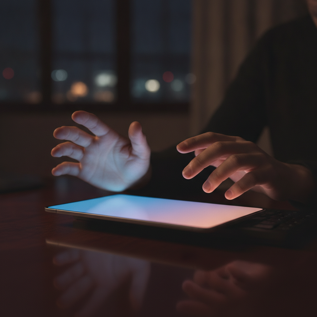 Hands over a tablet glowing with warm colour.