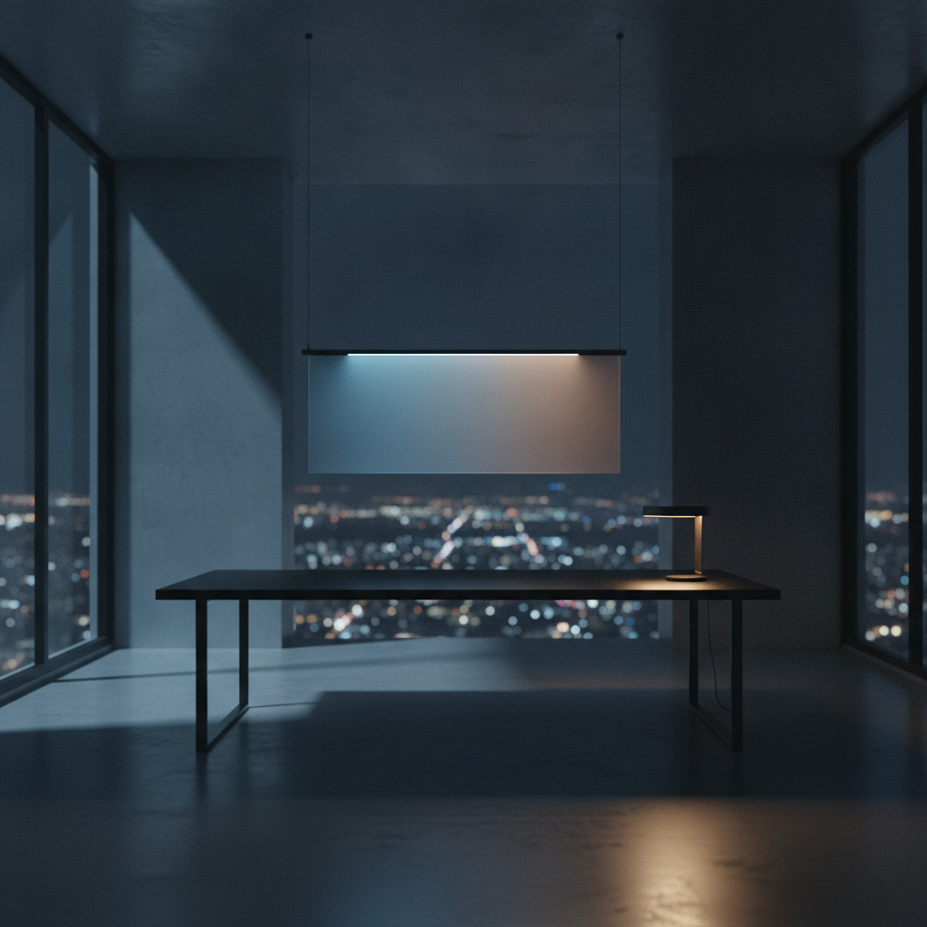 A dark desk above a city at night, with one pane of blue light and a small lamp.