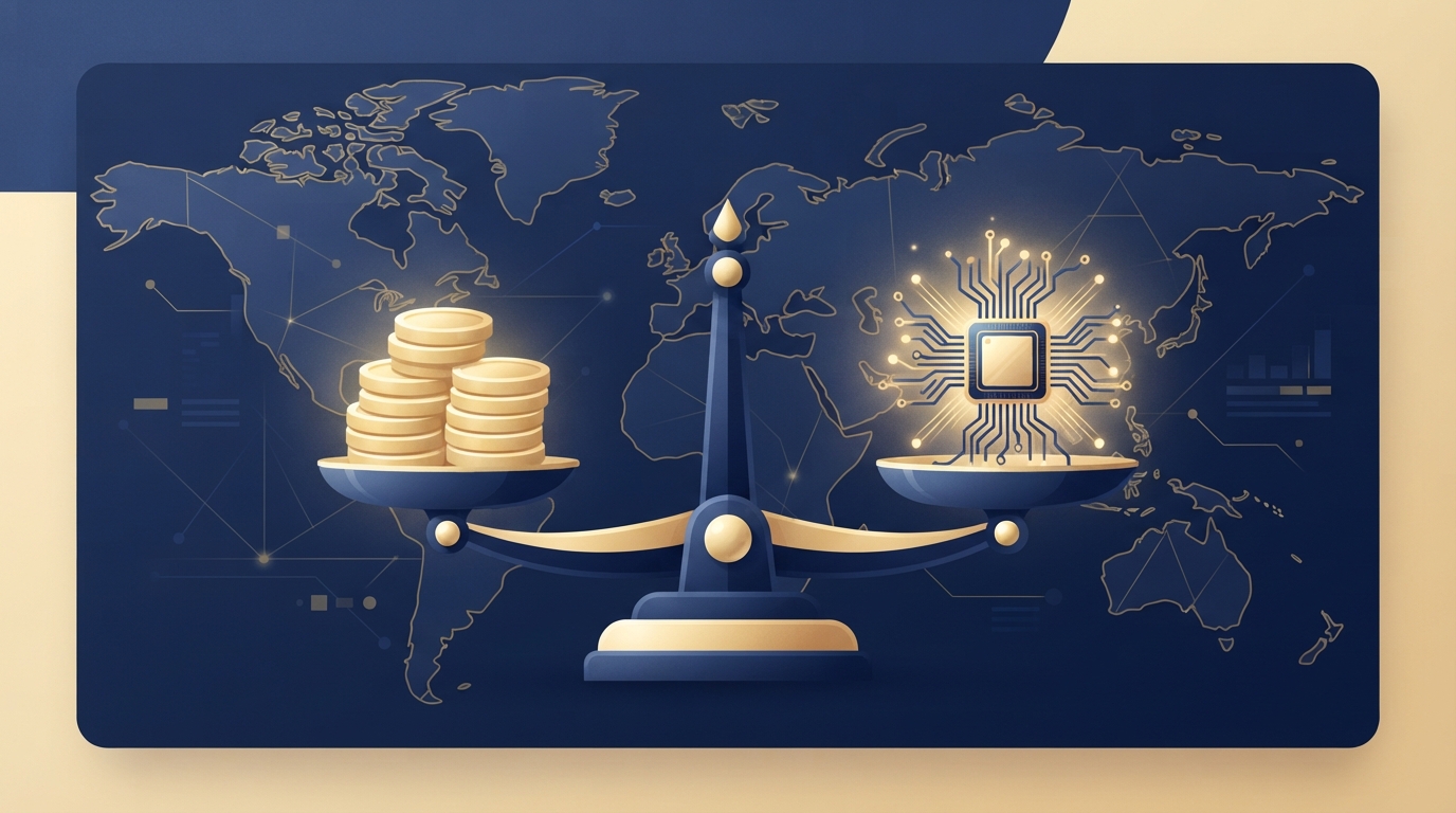 Illustration of a balance scale with coins on one side and a computer chip on the other in front of a map outline.