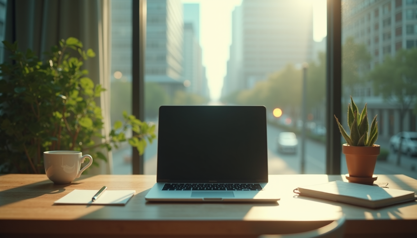 A laptop on a wooden desk in a bright office.