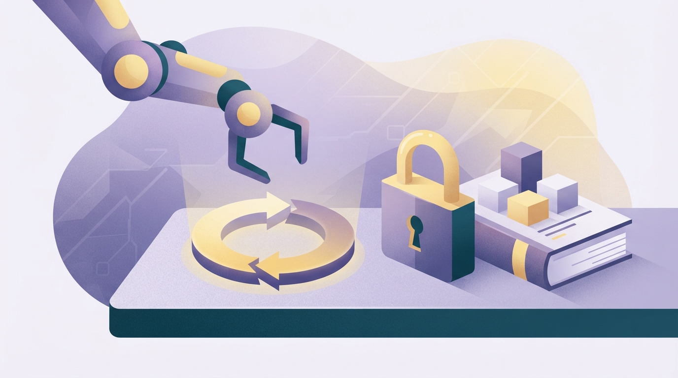 Illustration of a robot arm pausing before a circular retry arrow, with a padlock and a ledger beside it.