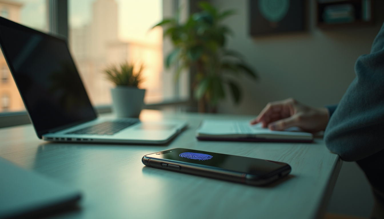 A smartphone displaying a biometric approval screen on a clean desk.