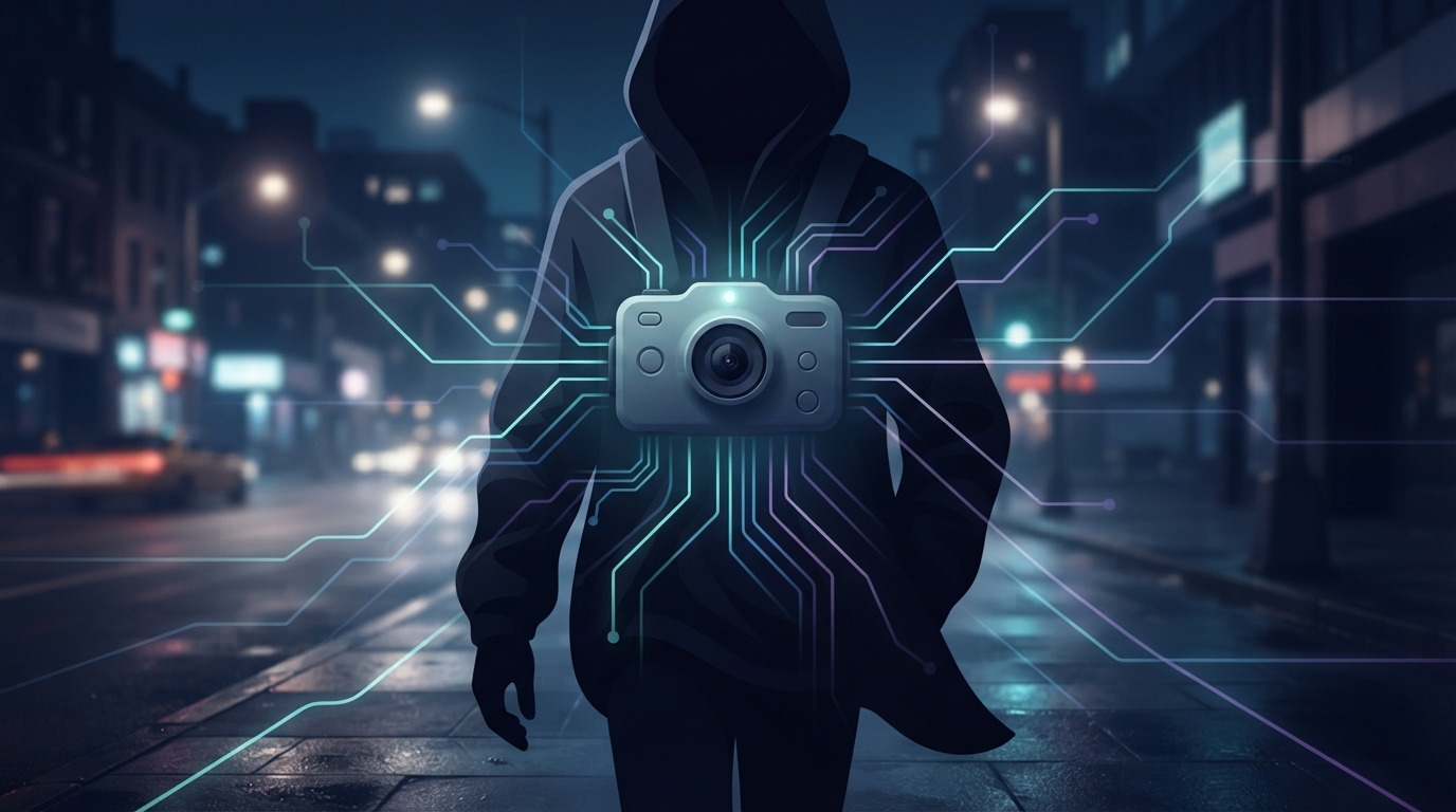 Stylised illustration of a wearable camera device with glowing circuit lines over a night street.
