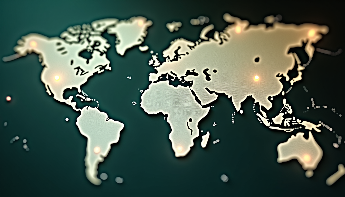 A stylized world map with glowing dots.