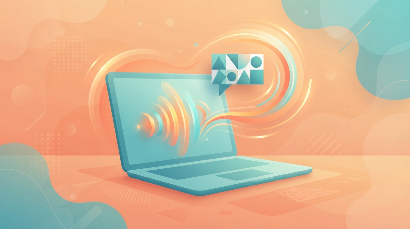 Illustration of a laptop with colourful sound waves rising from the screen, suggesting speech generated on the device.