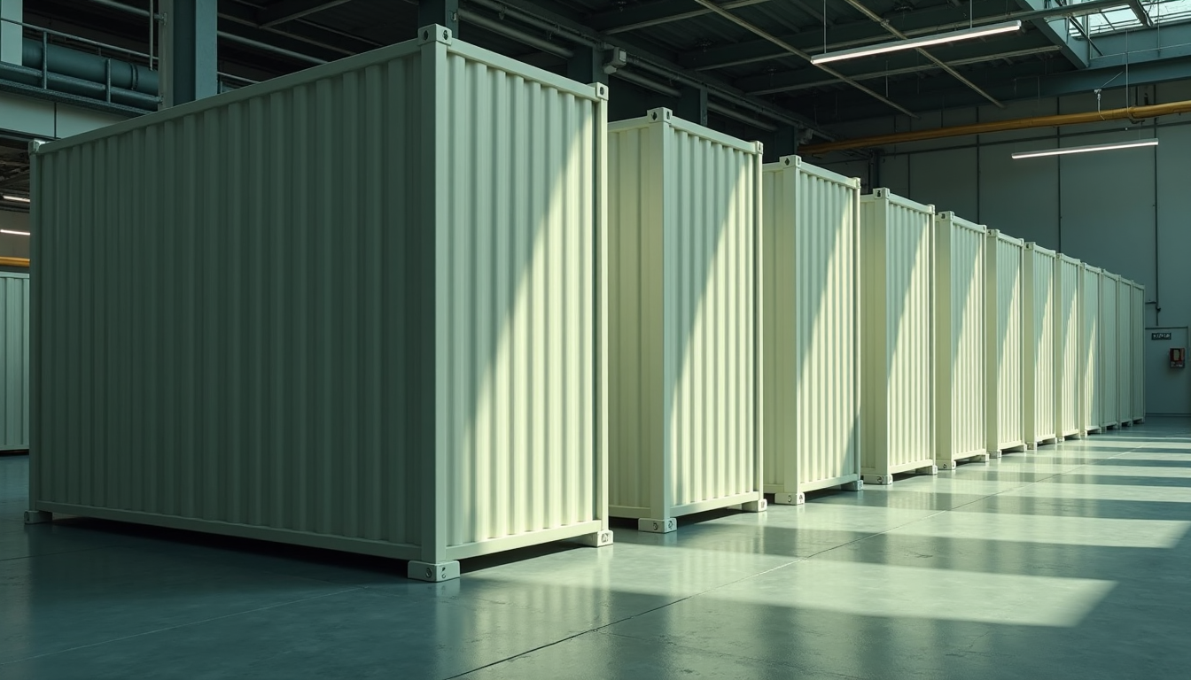A row of sleek modular containers standing in a clean, industrial warehouse setting.