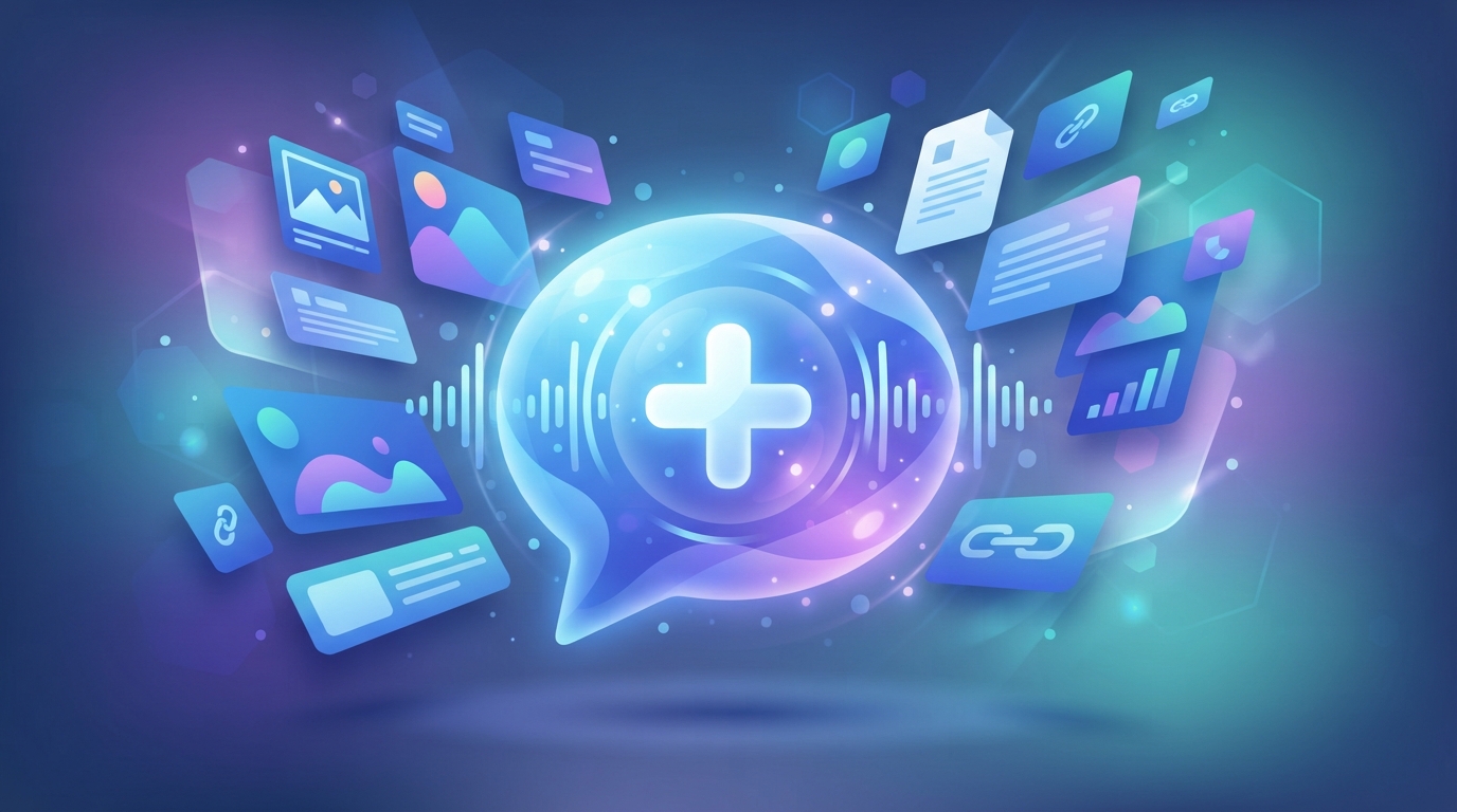 Stylised illustration of a sound wave with a plus sign surrounded by floating photo and document cards.