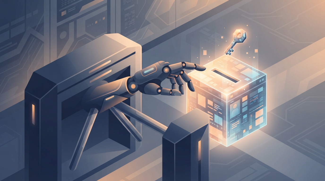 Illustration of a robotic hand reaching through a turnstile toward a ballot box made of glowing data blocks.