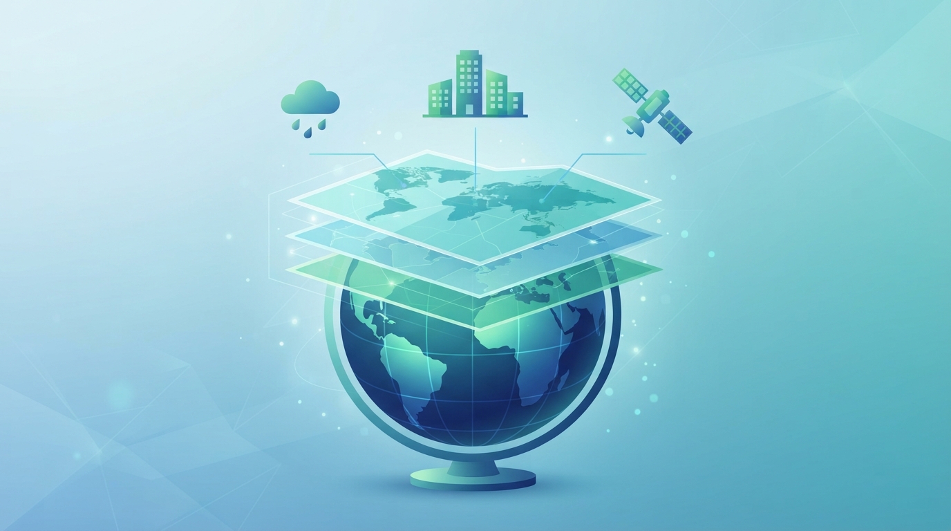 Illustration of a globe with layered map sheets above it, linked by lines to small weather, building and satellite icons.