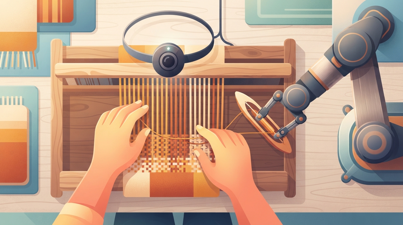 Illustration of human hands working at a table while a robotic arm mirrors the movement, with a small head camera shape.