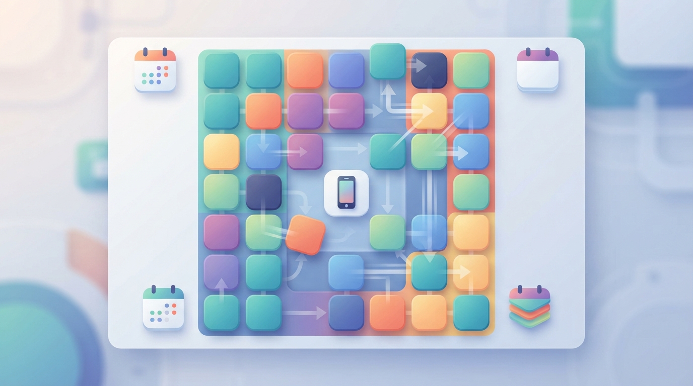 Illustration of coloured tiles being rearranged around a phone silhouette, suggesting swappable subscriptions.