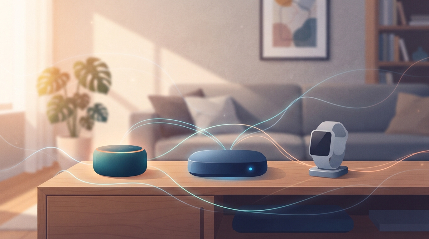 Stylised living room with a glowing smart speaker, a streaming box and a smartwatch connected by light lines.