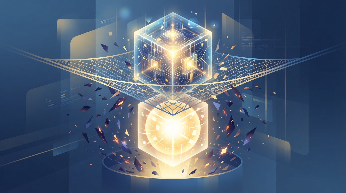 Illustration of a glowing crystal passing through a fine mesh that filters out sparks, suggesting error filtering in quantum computing.