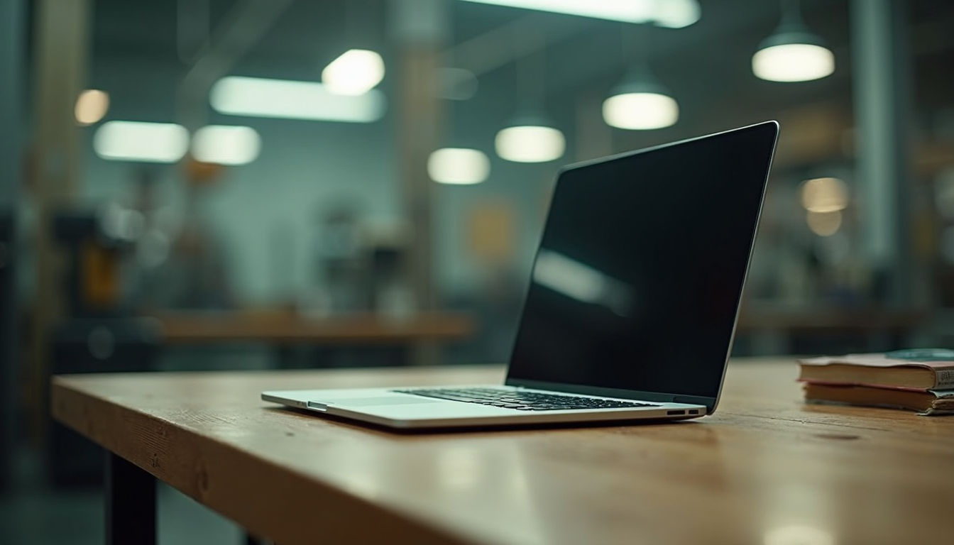 A rugged laptop on a workbench in a factory.