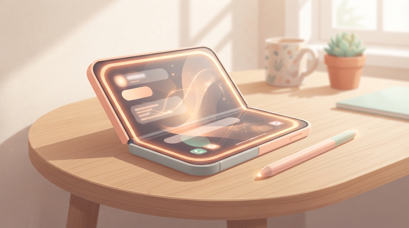 Illustration of a foldable phone with a stylus beside it and a soft halo of light around its screen.