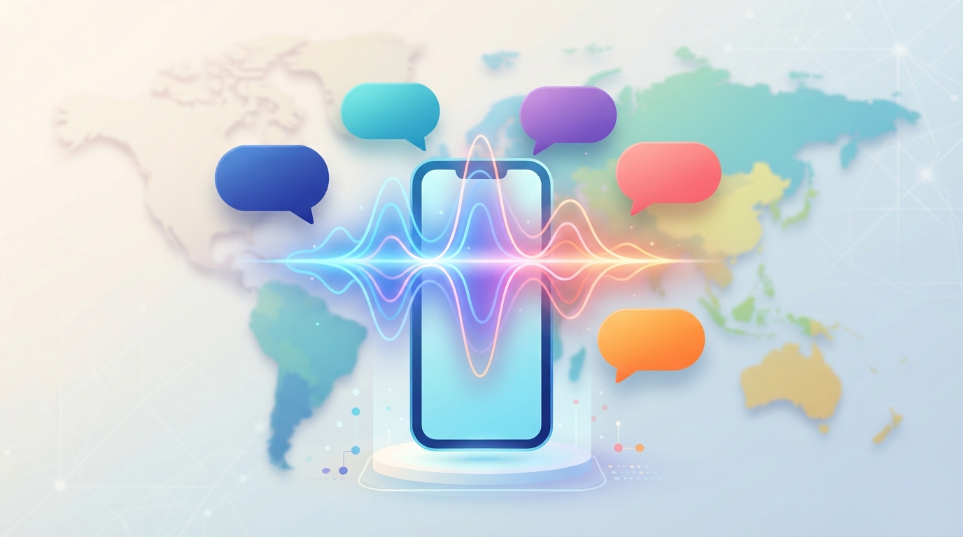 Stylised illustration of a voice waveform rising from a phone with five colourful speech bubbles around it.