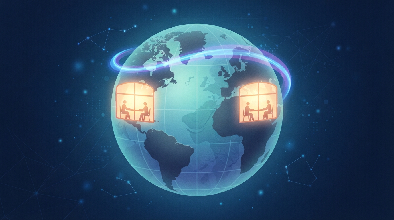 Illustration of two glowing screens on opposite sides of a globe joined by a ribbon of light.