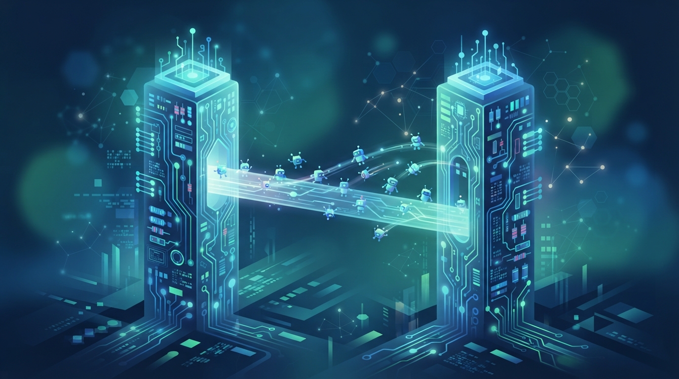 Illustration of two glowing circuit-board towers linked by a light bridge with small abstract agent shapes crossing it.