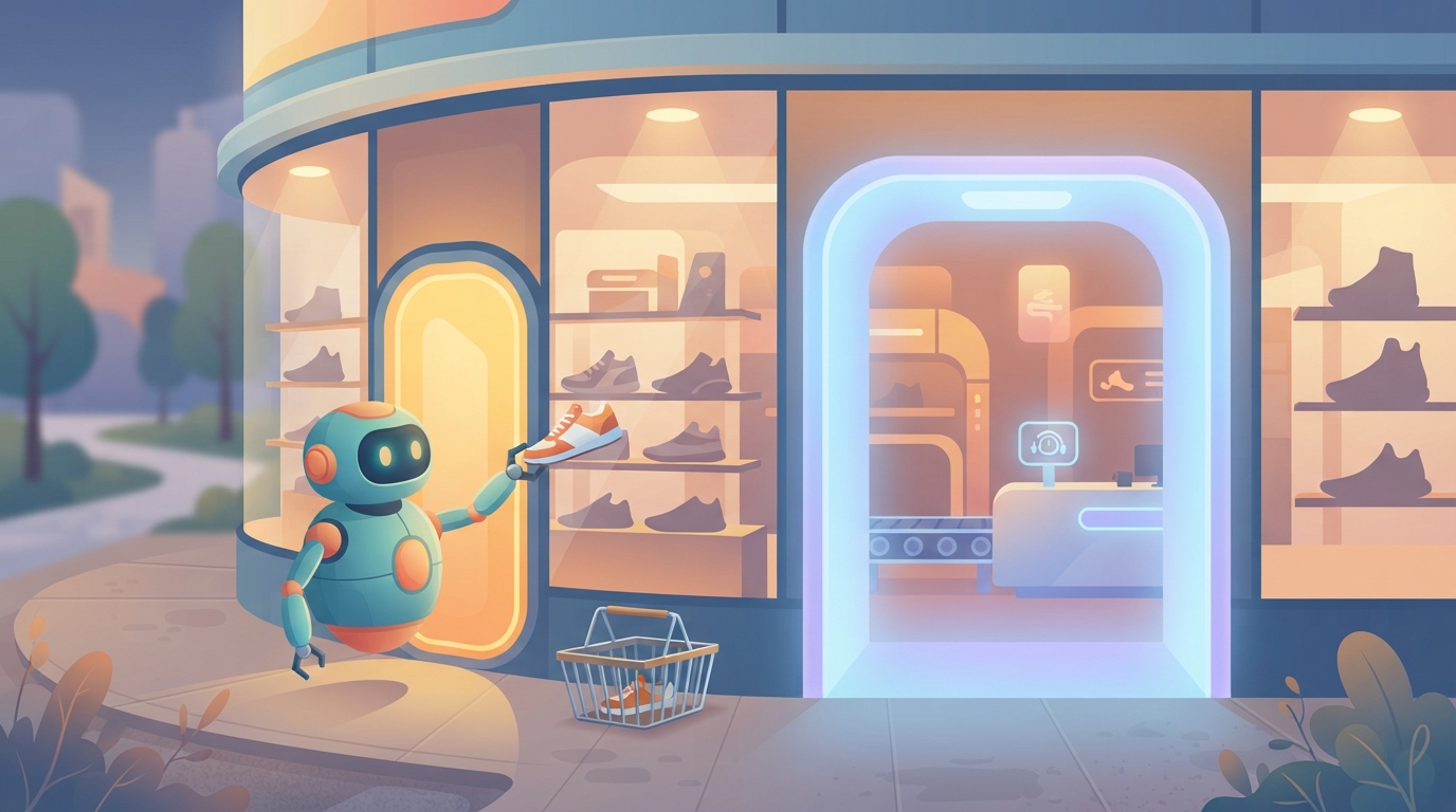 Illustration of a small robot picking a shoe from a shopfront shelf near a glowing checkout door.