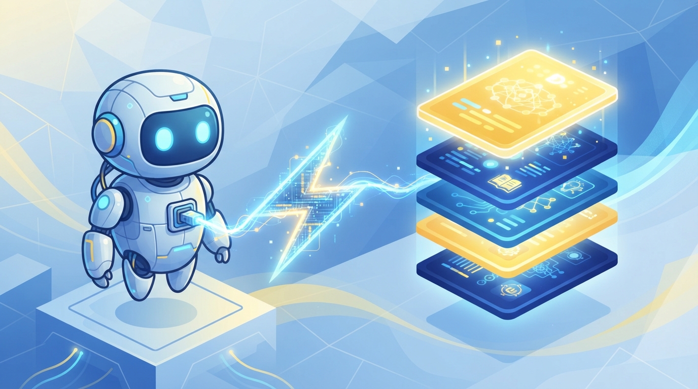 Illustration of a lightning-shaped thread linking a small robot figure to a stack of glowing cards, suggesting agent training.