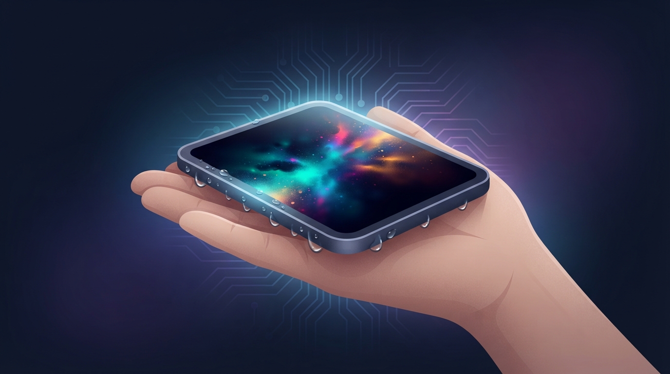 Stylised illustration of a small glowing tablet in an open palm with water droplets on its edge.