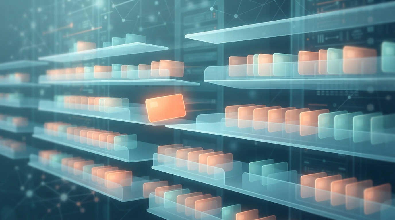 Illustration of shelves of glowing cards with one card drifting into another shelf, suggesting data crossing between users.