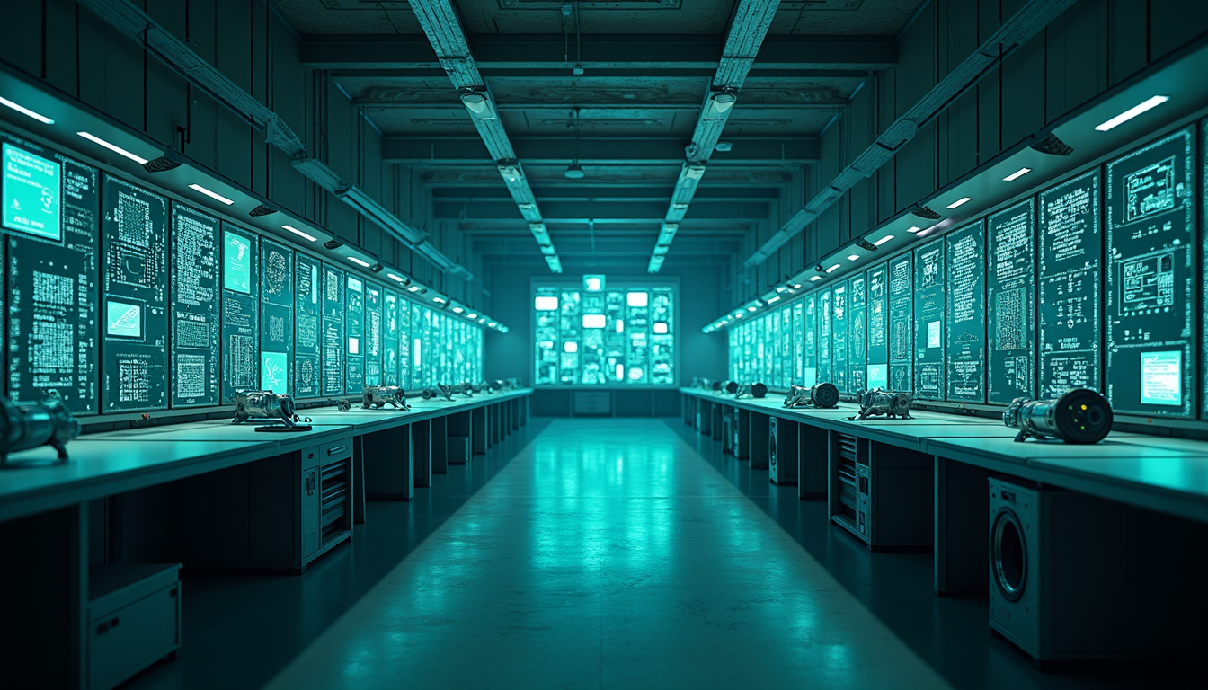 A high-tech manufacturing floor with a 20-meter long wall displaying intricate electronic components and glowing blue lights.