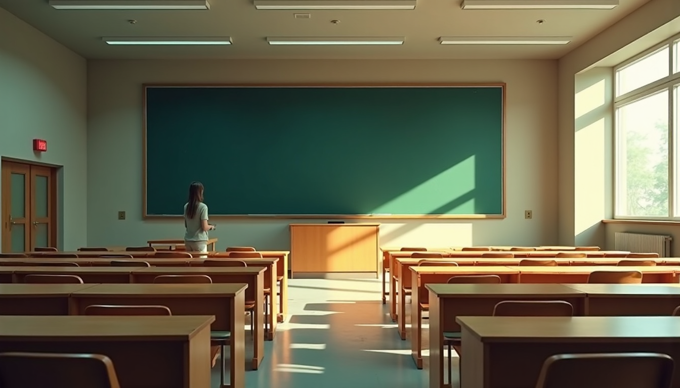 An empty university lecture hall.