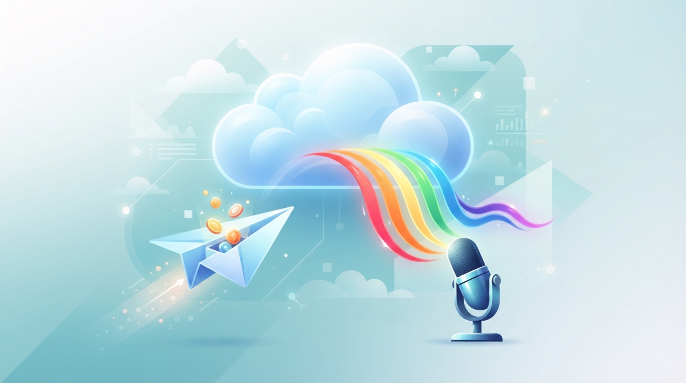 Illustration of a cloud above a swift paper-plane craft carrying coins and a microphone-like device emitting colourful sound waves.