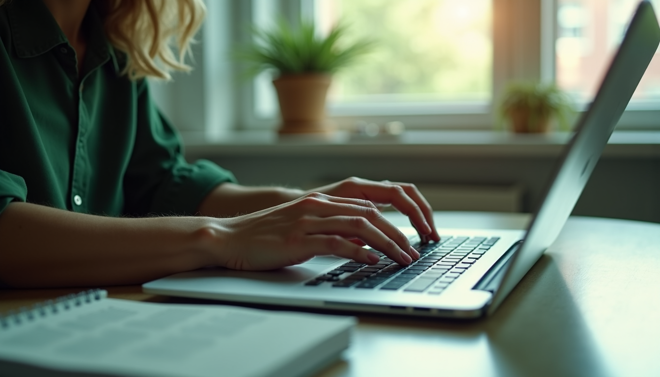Hands typing on a laptop keyboard.