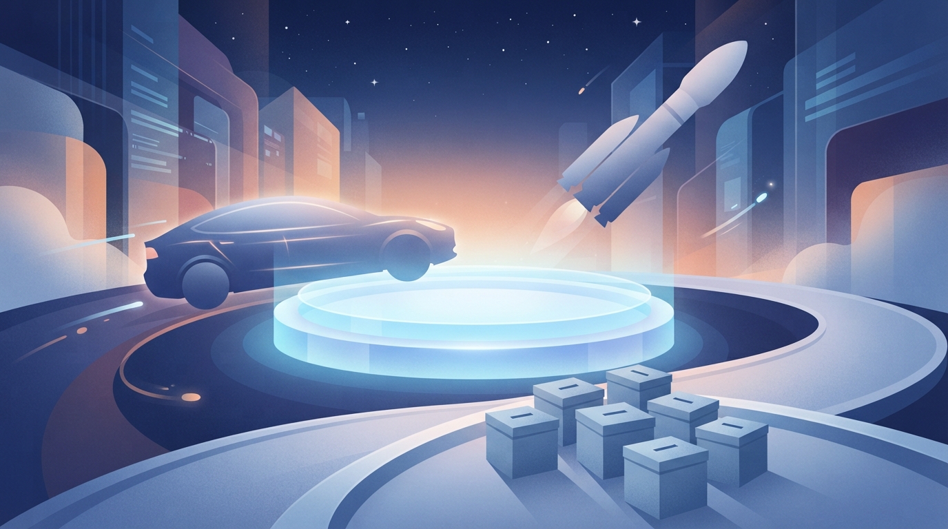 Illustration of a car and a rocket converging on a glowing circular platform, with small ballot boxes in front.