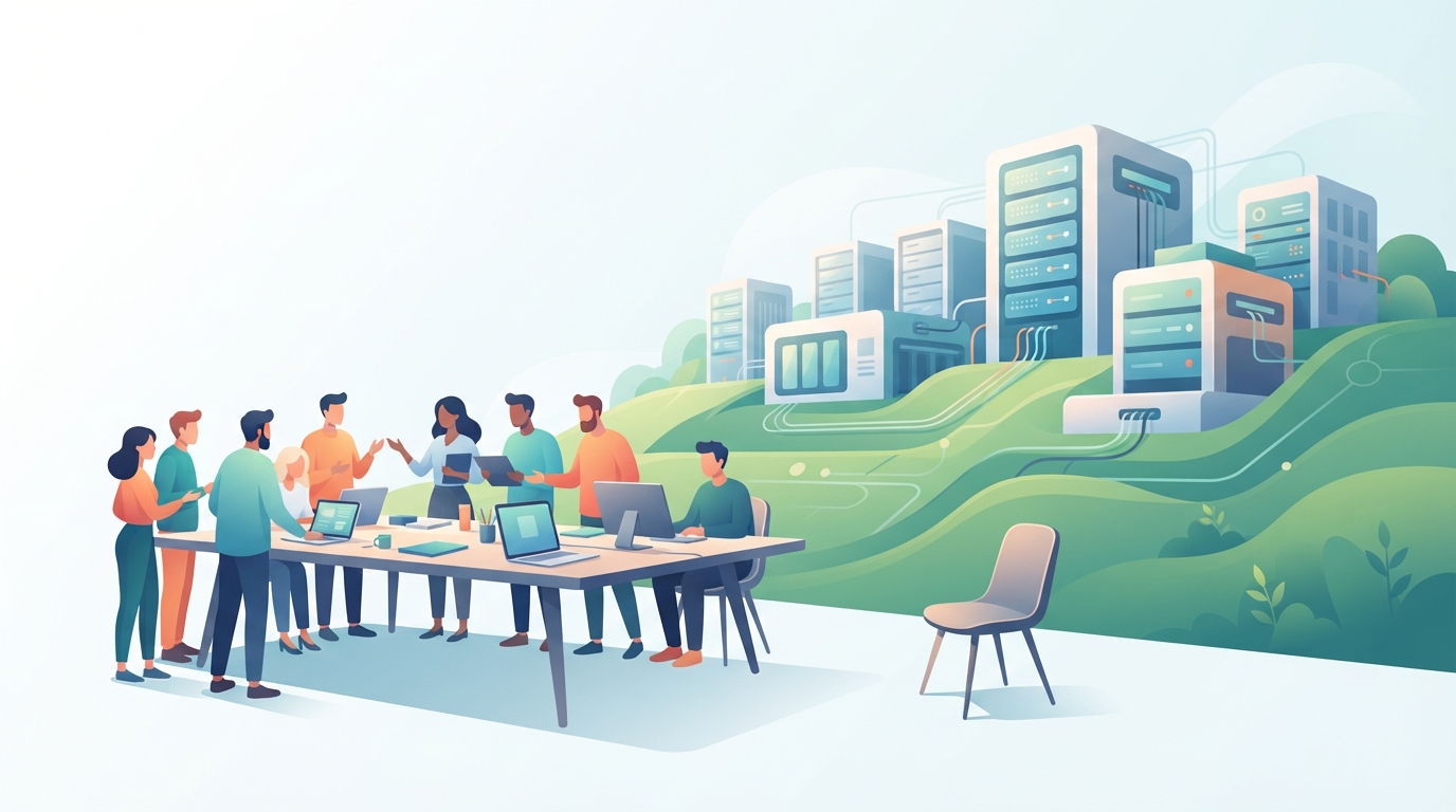 Illustration of datacentre buildings in countryside beside a meeting table with one empty chair.