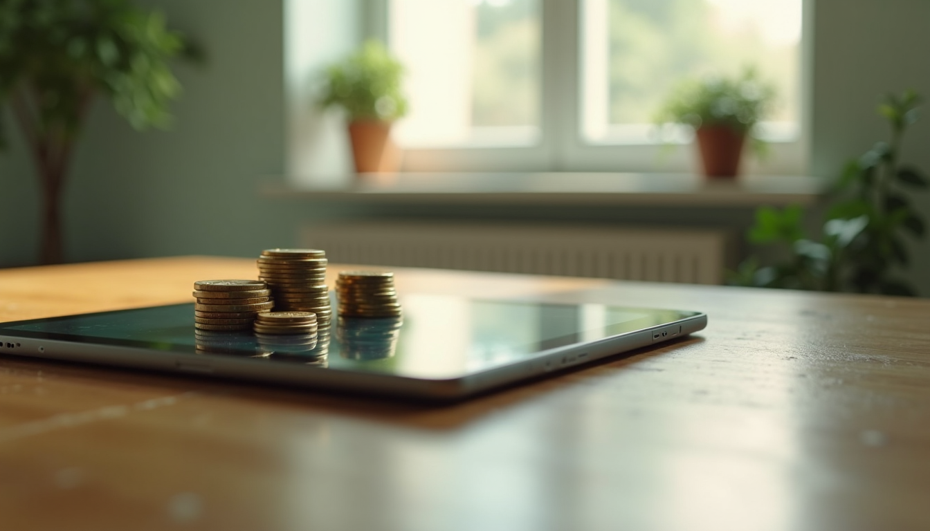 A stack of coins and a digital tablet on a wooden surface.