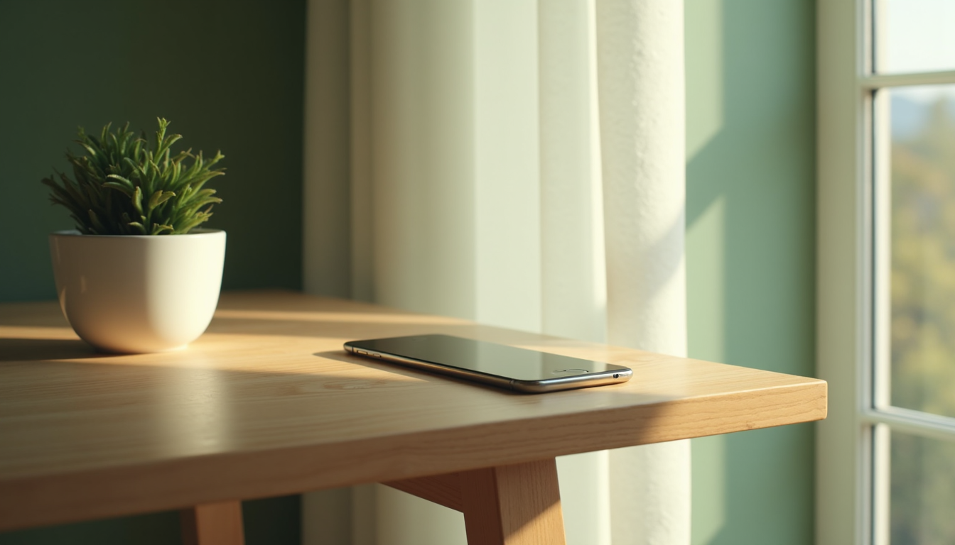 A smartphone on a wooden table with a plant in soft light.