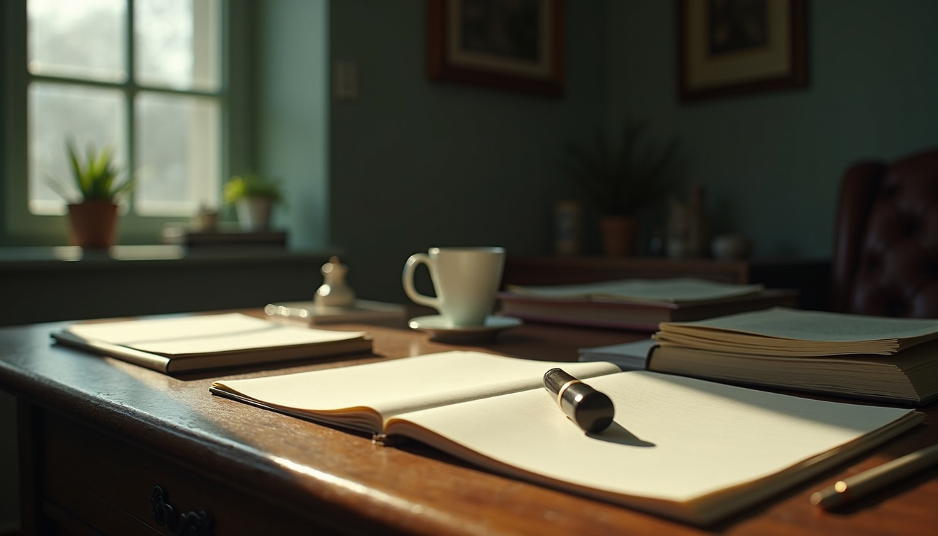 A traditional academic desk with papers and a pen.