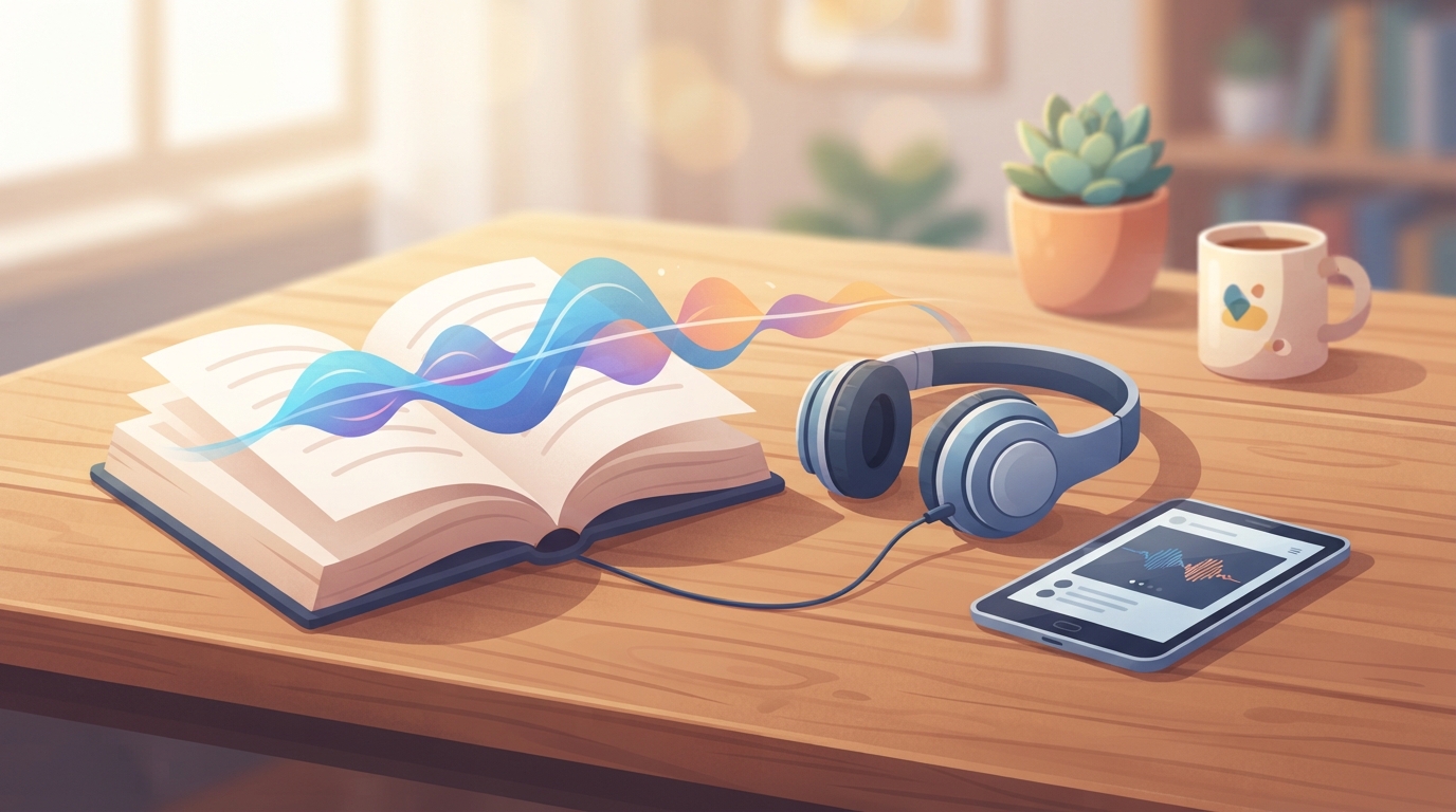 Illustration of an open book releasing sound waves into headphones, next to a small tablet reader on a desk.