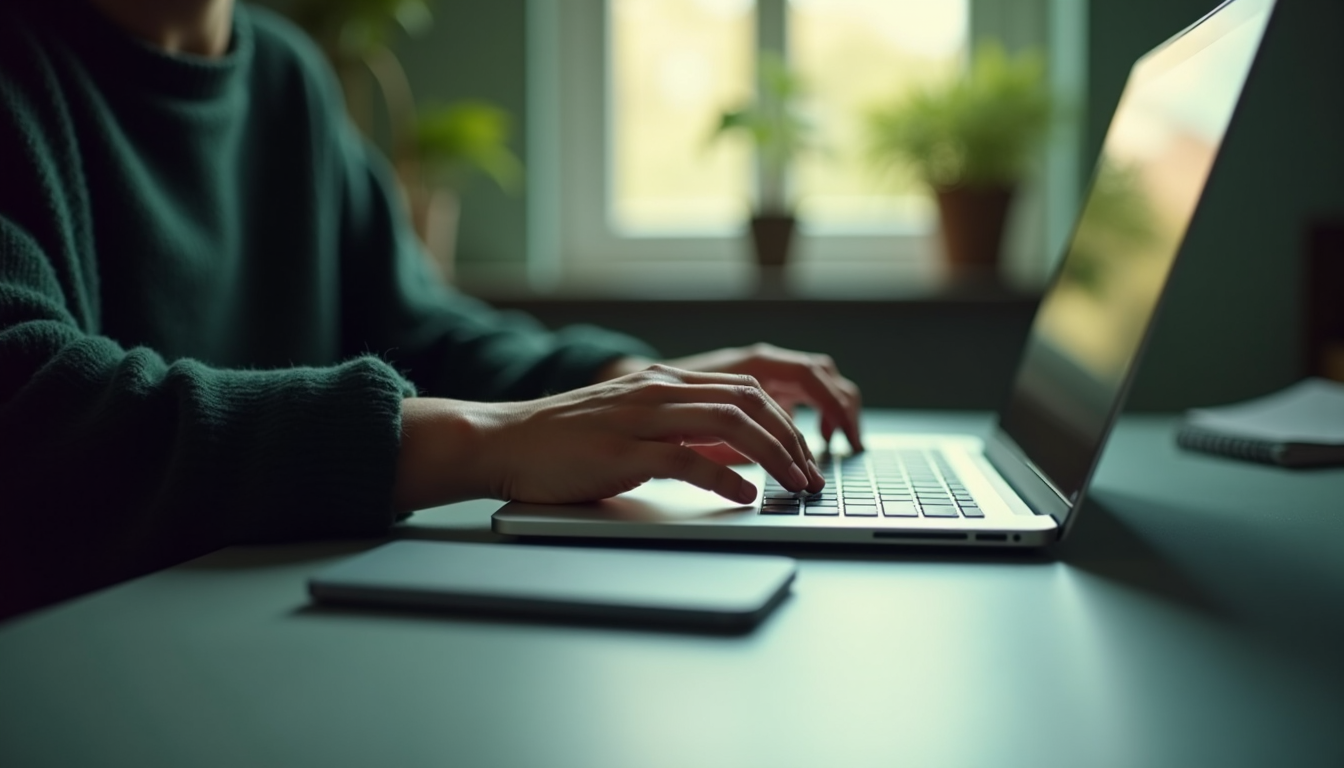 A close-up of a person's hands typing on a laptop.