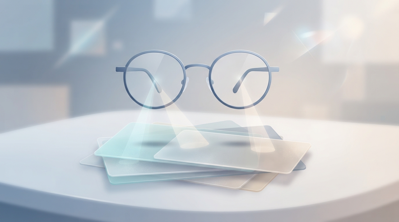 Illustration of round glasses hovering over translucent note cards with light beams connecting the lenses to some of the cards.