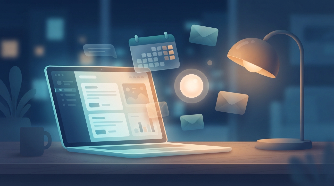 Illustration of a glowing orb assistant working beside a laptop at night with floating calendar and envelope shapes.