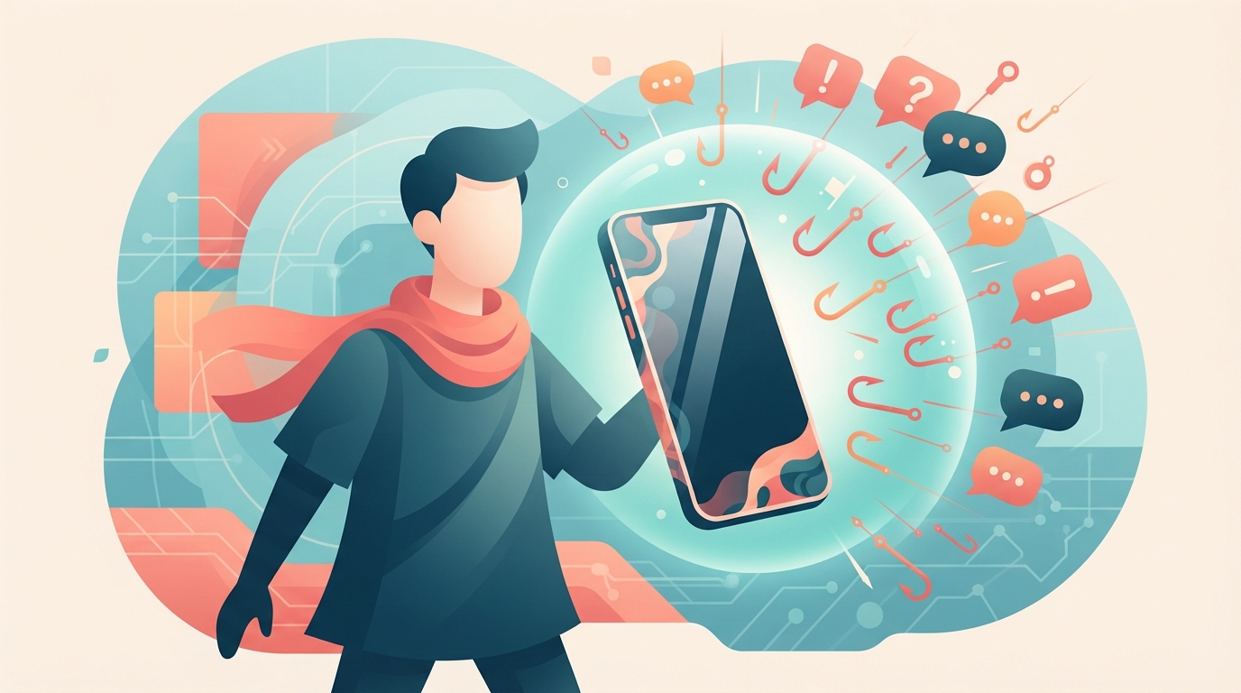 Illustration of a smartphone protected by a glowing dome that deflects hooks and speech bubbles.