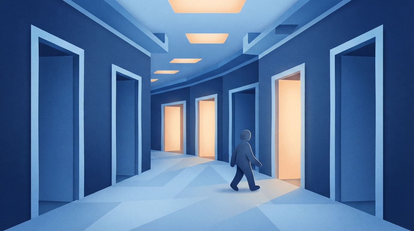 Stylised illustration of an office corridor with many open doors and a small figure walking towards one of them.